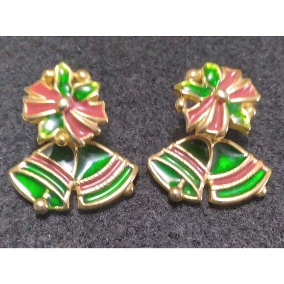 A I N Earrings Pierced Christmas Bow Bell Jacket Holly Red Green Goldtone Signed - Picture 3 of 8